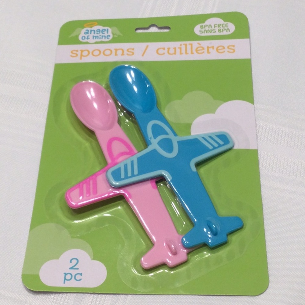 Angel of Mine Airplane Spoons BPA Free Two Pieces Pink and Blue